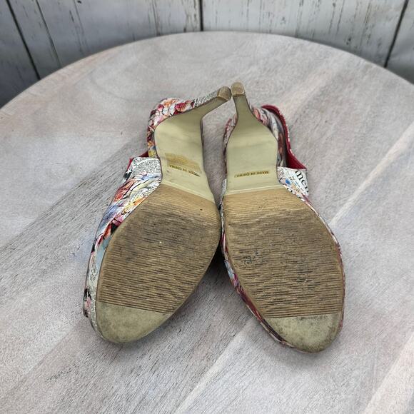 Newsprint Platform Peep Toe Womens Heels Red Retro Slingbacks Size 38 EU - Picture 14 of 15